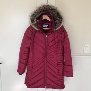 Lands' End Women's Burgundy Puffer Coat with Faux Fur Hood